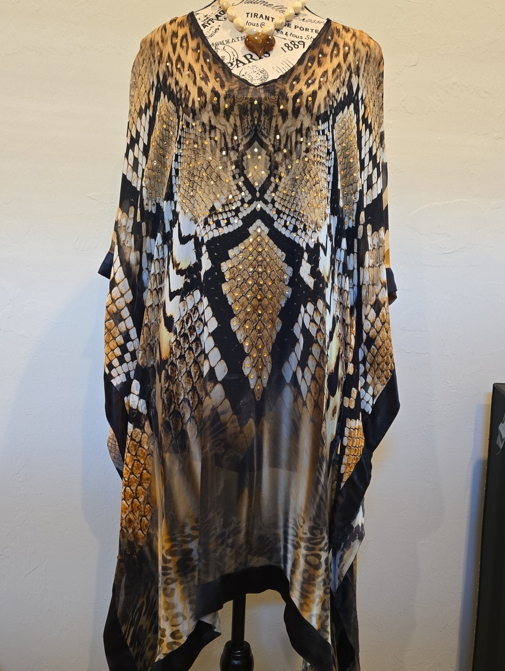 Elizabeth Hurley Beach Black & Gold Viscose Kaftan Dress Designer Piece